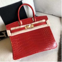 Hermes Birkin 30 Handmade Bag In Red Crocodile Niloticus Shiny