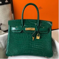 Hermes Birkin 30cm Bag In Green Embossed Crocodile Leather