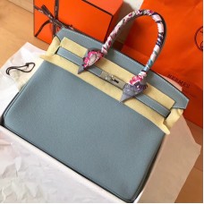 Hermes Birkin 35 Handmade Bag In Blue Lin Clemence Leather