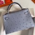 Hermes Kelly Mini II Handmade Bag In Blue Lin Ostrich Leather