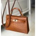 Hermes Kelly Mini II Handmade Bag In Brown Crocodile Embossed Leather