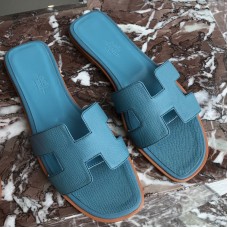 Hermes Oran Slide Sandals In Blue du Nord Epsom Calfskin