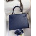 Hermes Kelly Sellier 25 Handmade Bag In Blue Iris Ostrich Leather