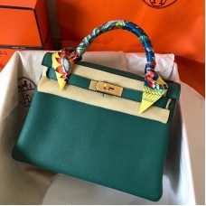 Hermes Kelly Retourne 28 Handmade Bag In Malachite Clemence Leather