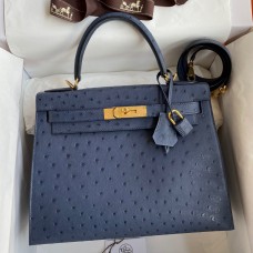 Hermes Kelly Sellier 28 Handmade Bag In Blue Iris Ostrich Leather