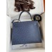 Hermes Kelly Sellier 28 Handmade Bag In Blue Iris Ostrich Leather