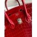 Hermes Birkin 25 Handmade Bag In Red Crocodile Porosus Shiny Skin