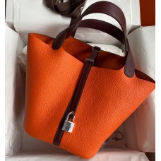 Hermes Picotin Lock 22 Bicolor Handmade Bag in Orange and Burgundy Swift Leather