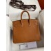 Hermes Birkin 25 Retourne Handmade Bag In Gold Barenia Calfskin