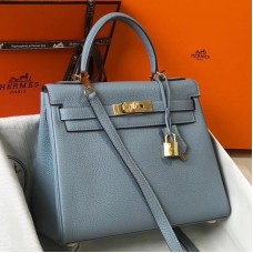 Hermes Kelly 25cm Retourne Bag In Blue Lin Clemence Leather
