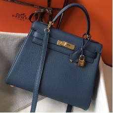 Hermes Kelly 28cm Bag In Blue Agate Clemence Leather GHW
